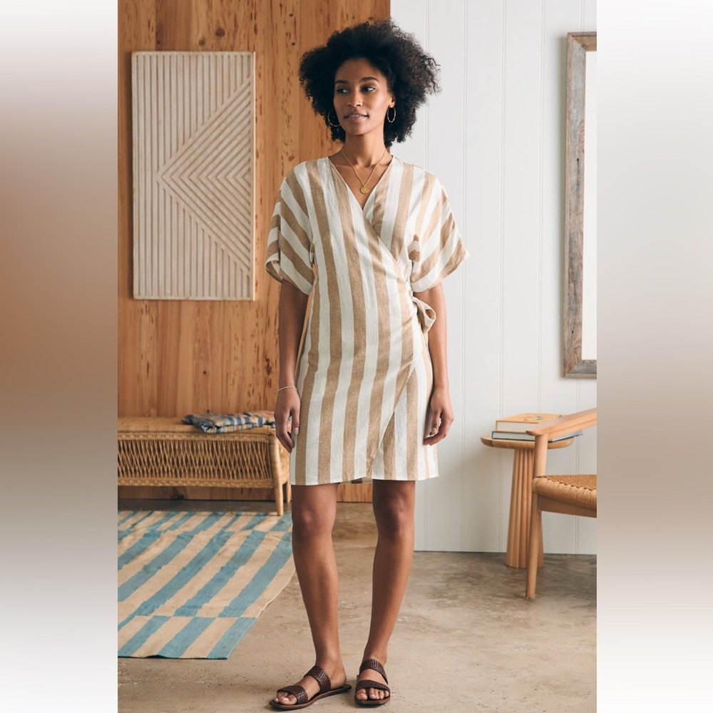 Faherty Willow Wrap Dress linen‎ stripe striped linen dress medium NWT